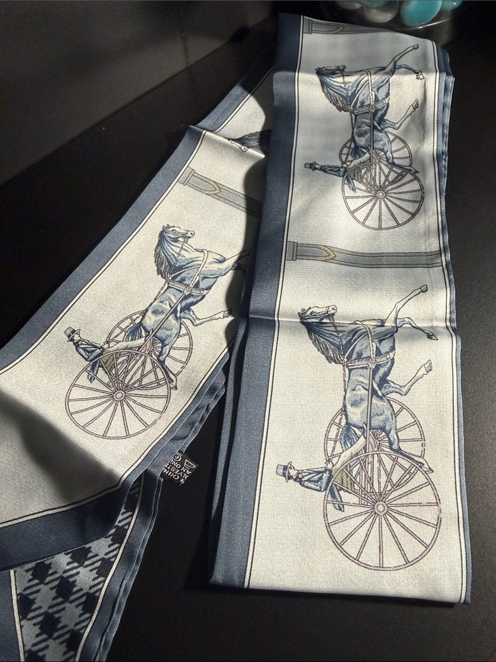 Equestrian Print Scarf - Blue & Checkered Long Twilly